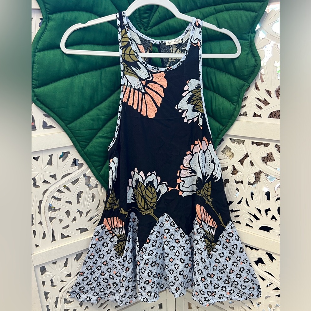 NWT Free People racerback tank  mini dress. Blue/Black, peach floral print. XS